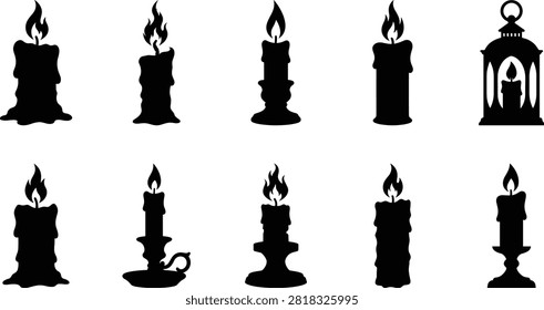 A collection of Halloween candle silhouettes featuring melting candles, gothic candlesticks, lanterns, and burning wax designs. Perfect for Halloween decorations, horror posters, stickers, t shirt graphics, party invitations, and seasonal vector projects.