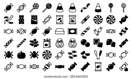Collection of Halloween candy icons featuring black silhouettes of lollipops, candy corn, gummy worms, chocolate bars, wrapped sweets, and jack-o'-lantern buckets on a white background.