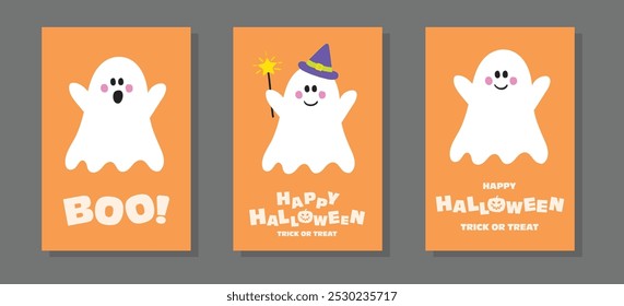 Collection of Halloween cards with cute ghost. Vector illustration