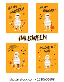Collection of Halloween cards with mummy. Cute characters. Trick or treat.
