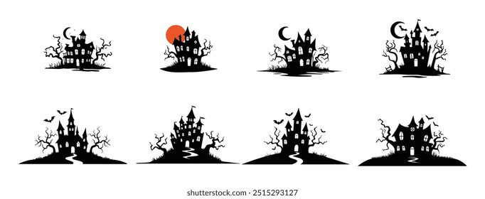 Collection of Halloween Castle Silhouette or haunted house with twisted trees on a white background. Perfect for Halloween-themed projects, decorations, and party designs.