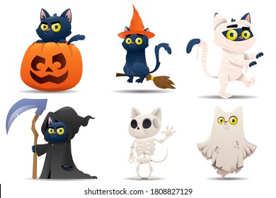 Collection of Halloween characters cats. Cats are dressed in a witch, pumpkin, ghost, zombie, skeleton, death costume. Halloween outfit collection. Vector illustration