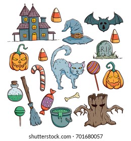 collection of halloween characters or icons with coloring hand drawn or doodle art