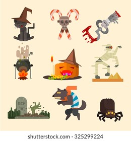 Collection of Halloween characters and icons in flat style, vector illustration set