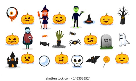 Collection of Halloween characters and symbols: pumpkin faces with different emotions, vampire, witch, zombie, castle, tombstone, sweets, bat, hat, Ghost, candy, spider,moon,skull. Vector illustration