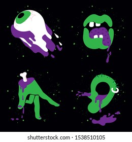 Collection of halloween characters , vector illustrations. Flying eye, green zombie mouth, green zombie ear and self walking green hand.