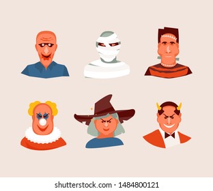 Collection of Halloween characters. Zombie, mummy, Frankenstein, clown, witch and devil Vector illustration