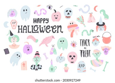 Collection of Halloween clip art in pastel colors. Simple doodle illustrations and lettering - Happy Halloween, Trick or treat. Witch, ghost, mummy, pumpkin and other vector elements isolated.