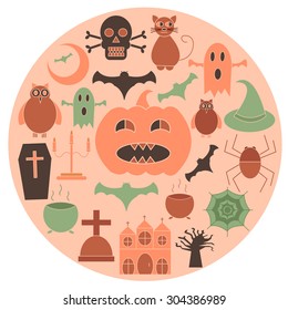 Collection of halloween colored icons. Vector illustration.