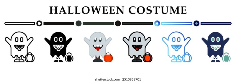 Colección de iconos de disfraces de Halloween en varios estilos. Los niños usan disfraces de fantasmas con calabazas y bolsas de caramelos. Feliz Halloween. 