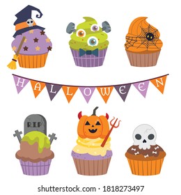 The collection of halloween cupcake or cake in flat vector style. 
Graphic resource about halloween party for graphic,content , banner, sticker label and greeting card.