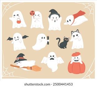 Collection of Halloween cute ghost activities vector illustration