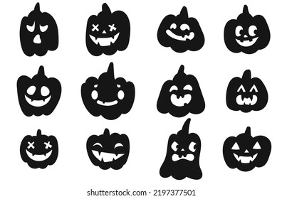 Collection of Halloween cute pumpkins carved faces. Black and white silhouette. Template with variety of eyes, mouths and noses for cut out jack o lantern. Vector illustration