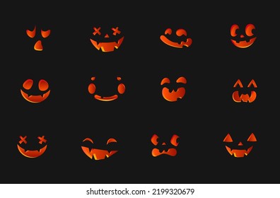 Collection of Halloween cute pumpkins carved faces silhouettes. Orange red 3d glowing emotions. Template with variety of eyes, mouths and noses for cut out jack o lantern. Vector illustration
