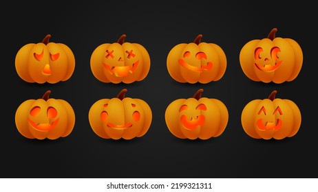 Collection of Halloween cute pumpkins with carved faces silhouettes. Orange red 3d glowing emotions. Template with variety of eyes, mouths and noses for cut out jack o lantern. Vector illustration
