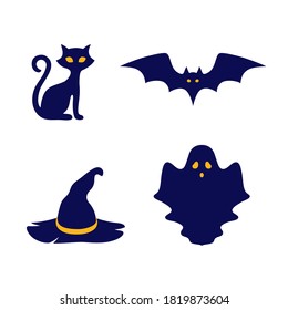 Collection of Halloween decor and objects. Cats, pumpkins, spiders and ghosts. Scary halloween pumpkins. Color vector illustration