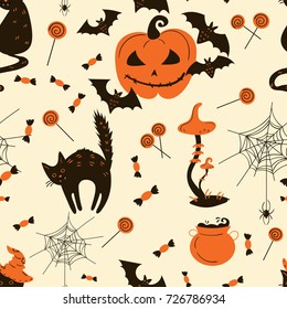 Collection of Halloween decor and objects. From Cats and funny pumpkins to spiders and candy. Vector illustration. Seamless pattern