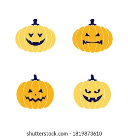 Collection of Halloween decor and objects. Scary halloween pumpkins. Jack O'Lanterns. Color vector illustration