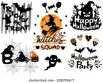 Collection of Halloween doodle designs in black and white orange tones for Halloween decorations, t-shirts, mugs, pillow patterns, stickers, cards, backgrounds, blanket patterns, Halloween for kids