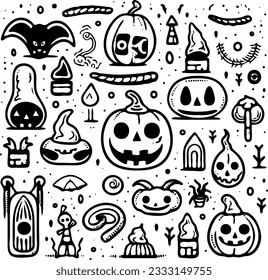 a collection of halloween doodle objects, black and white