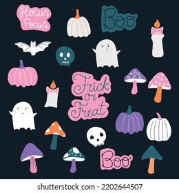 Collection of Halloween doodle vector elements such as pumpkin, bat, scull, candle and mushrooms