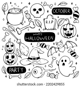 collection of halloween elements and character with doodle style