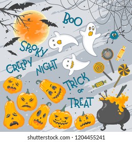 Collection of Halloween elements with lettering,ghosts,pumpkins,spider web,witch cauldron,bats,full moon and sweets.Perfect for prints,party flyers,cards,scrapbook projects, invitations and more.