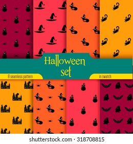 Collection of halloween elements seamless pattern. Tree-ghost, spider, fox, pumpkin, owl, bat, cat, ghost. Flat icon.
