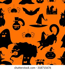 Collection of halloween elements seamless pattern. Tree-ghost, spider, fox, pumpkin, owl, bat, cat, ghost, castle, skull with sweets, potion, witch hat, spooky. Flat icon.
