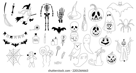 A collection of Halloween elements. Set of Halloween themed elements in doodle style isolated on white background.