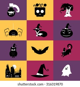 Collection of halloween elements symbols and icons. Potion, skull with sweets, tree-ghost, spider, fox, pumpkin, owl, bat, cat, castle, hat, ghost.