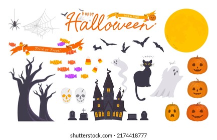 Collection of Halloween elements. Vector illustration of pumpkin, bats, ghost, spider, black cat, haunted house, full moon and halloween candy.