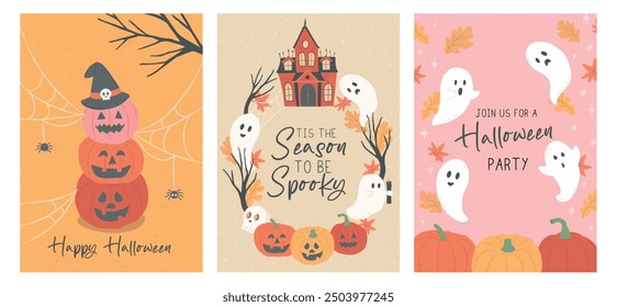 Colección de fantasma de Halloween embrujado casa pósters Ilustración vectorial