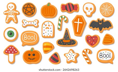 Collection of Halloween gingerbread, skeleton, pumpkin, jack-o'-lantern, ghost, skull, bat, hat, sweets. Elements for Halloween design.