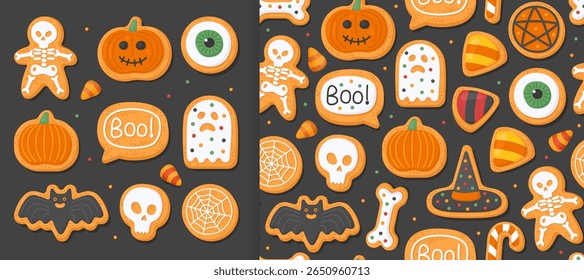 Collection of Halloween gingerbreads on a black background and seamless pattern. Skeleton, pumpkin, skull, eye, bone, ghost. Design for wrapping paper, print.