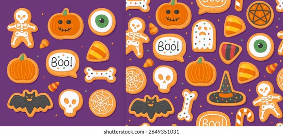 Collection of Halloween gingerbreads on a purple background and seamless pattern. Skeleton, pumpkin, skull, eye, bone, ghost. Design for wrapping paper, print.