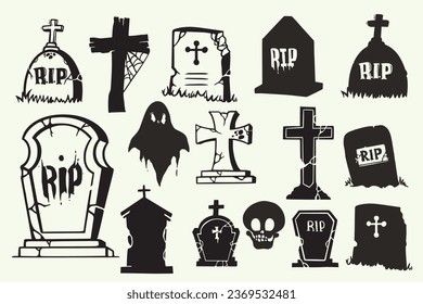 Collection of halloween grave silhouette. Gravestones and tombstones set 