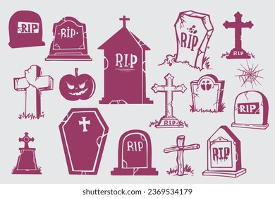 Collection of halloween grave silhouette. Spooky Gravestones and tombstones set 