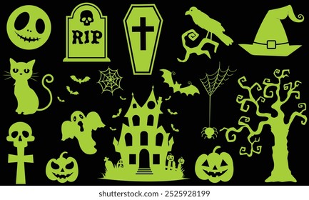 Colección de pegatinas de siluetas verdes de Halloween . Casa embrujada, árbol espeluznante, cráneo, luna, gato negro, calabazas, fantasma de halloween, tapa del ataúd, etc.