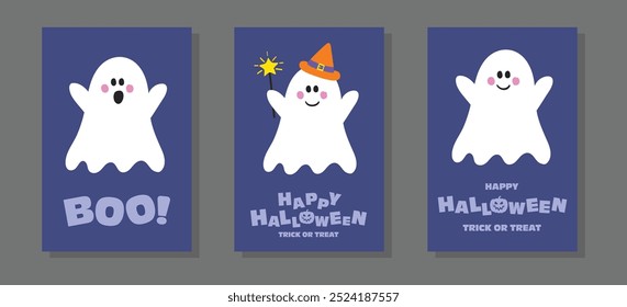 Collection of Halloween greeting cards with funny hand drawn ghost. Vector illustration