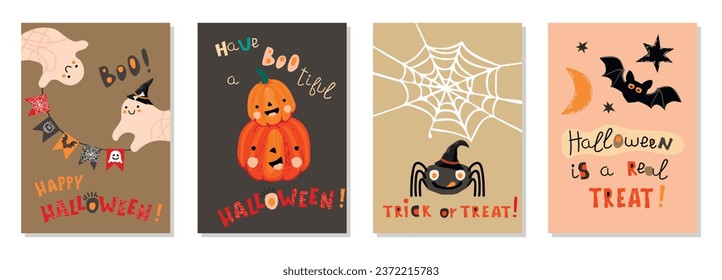 Collection of Halloween greeting cards with lettering and funny characters.Cute ghosts, spider with web, bat and pumpkins.Set of cartoon hand drawn posters or banners.Autumn holidays vector  postcard.