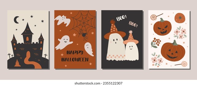 Collection of halloween greeting cards and posters with hand drawn scary elements and floral arrangement. Set of halloween vector illustration flyers with pumpkin, ghost, scary house.