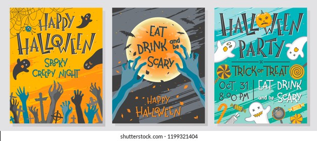 Collection of Halloween greetings with hand painted lettering,ghosts,pumpkins and spider web.Perfect for prints,party flyers,cards,promos,holiday invitations and more.Vector Halloween illustrations.