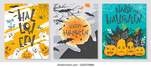 Collection of Halloween greetings with hand painted lettering,ghosts,pumpkins and spider web.Perfect for prints,party flyers,cards,promos,holiday invitations and more.Vector Halloween illustrations.