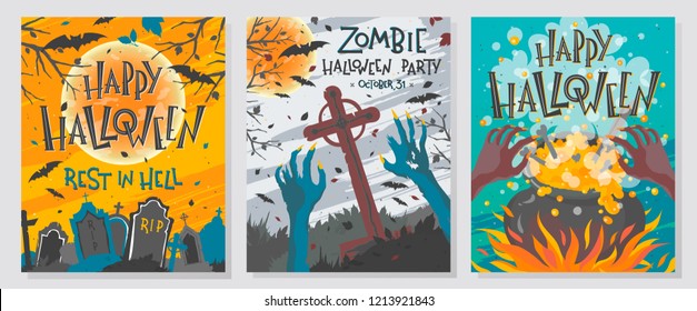 Collection of Halloween greetings with lettering,witch cauldron,zombie hands,cemetery,moon and bats.Perfect for prints,party flyers,cards,promos,invitations and more.Vector Halloween illustrations.