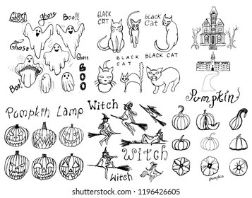 Collection of halloween hand draw set  with ghost, cats, home, pumkins, pumkin lamps and set witch for  scary design