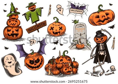 Collection with Halloween hand drawn elements. Cross rip and bat, dead eye and witch hat. Pumpkin spider and scary house, bats flying and ghosts for holiday.