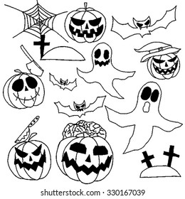 collection of Halloween hand drawn set on white backgrounds, vector illustration