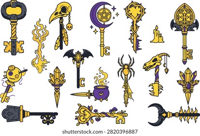 Collection of Halloween haunted key vector icons with spooky skeleton keys, gothic antique designs, magical fantasy keys, and creepy lock symbols. Ideal for Halloween decorations, stickers, invitations, and seasonal graphics.