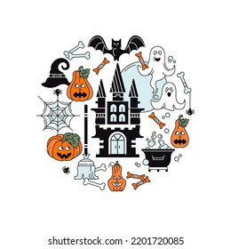 Collection of Halloween holiday elements. Vector, color illustration. Castle, pumpkins, cobwebs, ghosts.